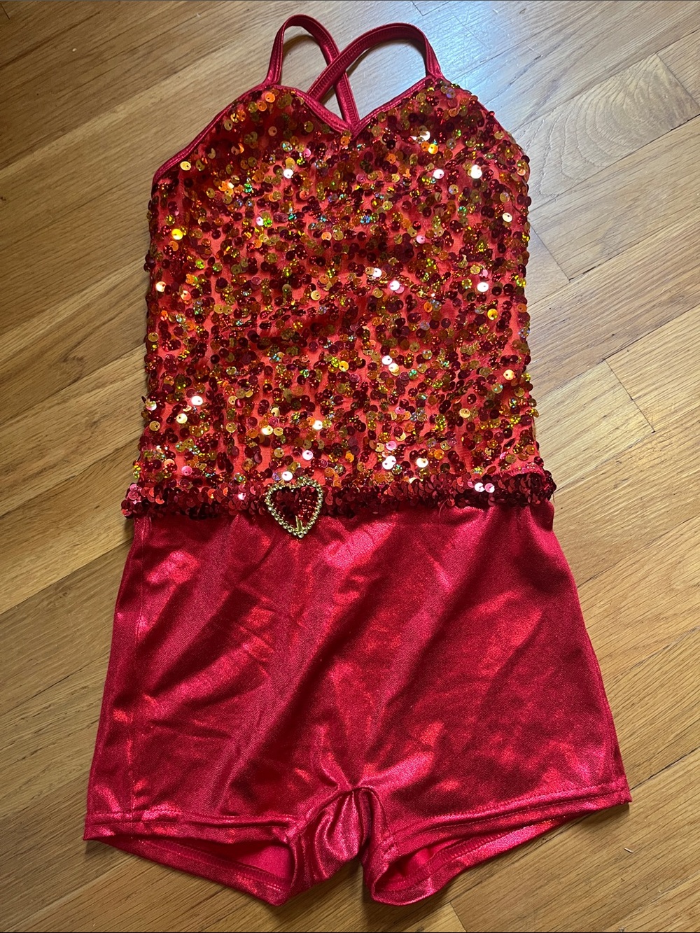 Girls Red and Orange Sequin Dance Costume with Heart Accent